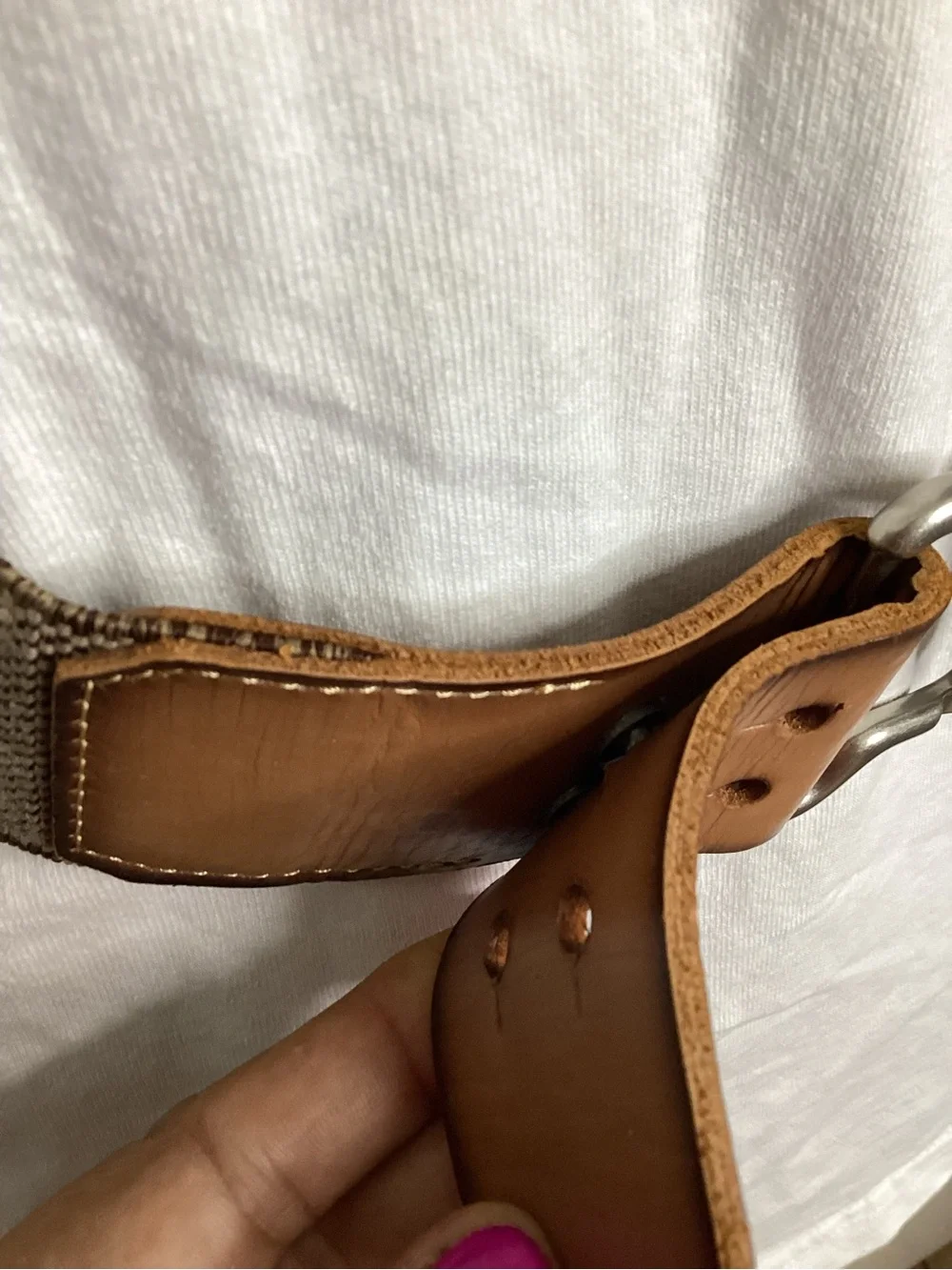 Fossil Brown Leather-Trim Canvas Belt with Sculpted Silver Hook L-XXL